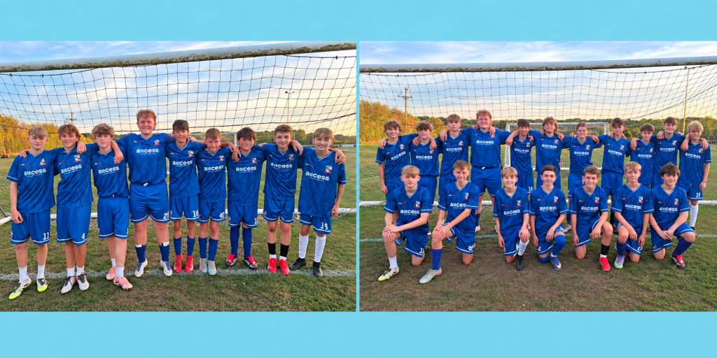 Players from Horbury Town Juniors’ Under 15 teams show off their new Axcess Payment Services-sponsored kits alongside Mark Hammond, Merchant Support Manager at Axcess Payment Services.